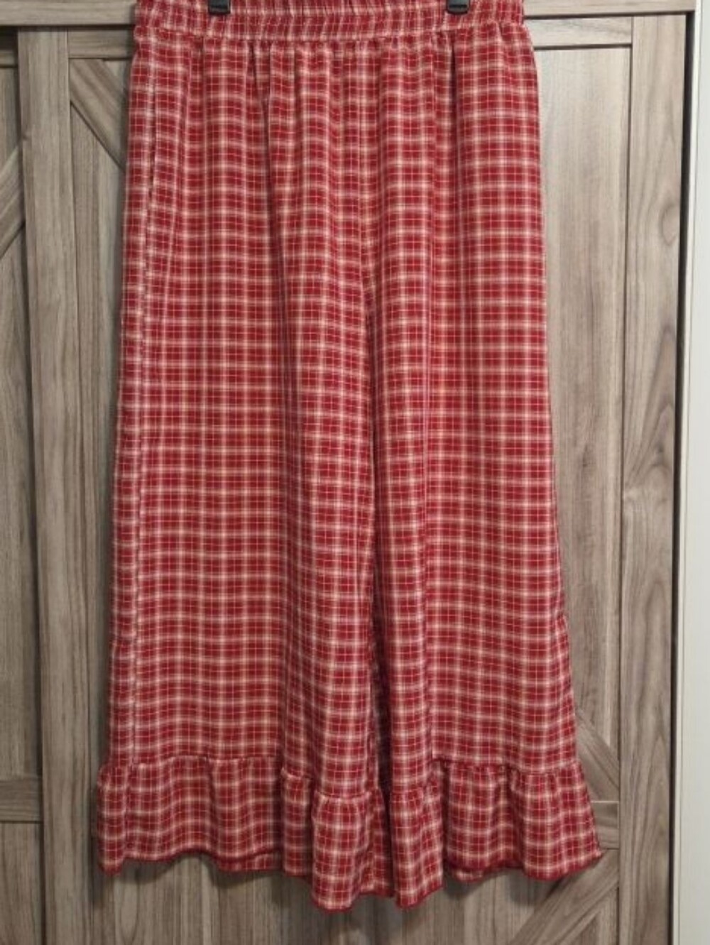 Red Plaid Palazzo Pants with Ruffle Hem